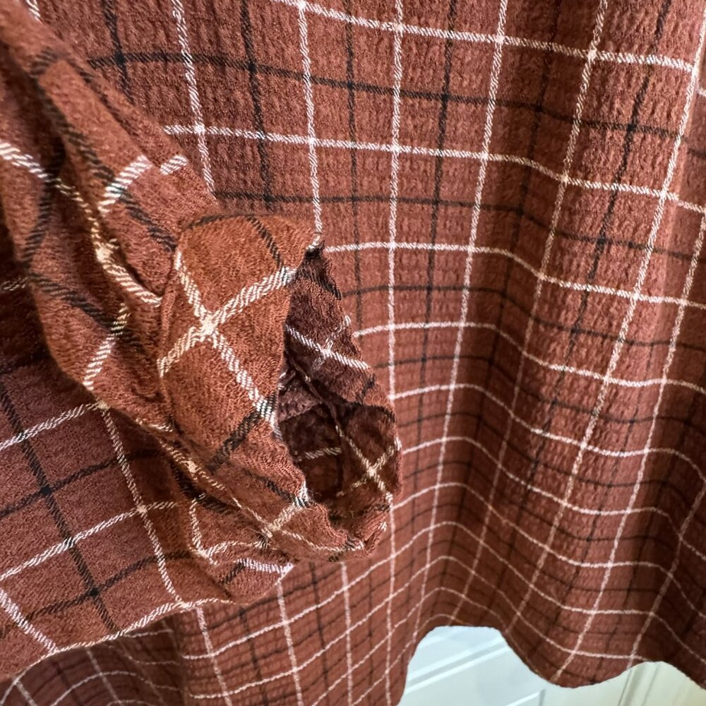 Torrid Brown Plaid Long-Sleeve Ruffle Blouse 1xl Crinkle Gauze Style EUC - Picture 8 of 9